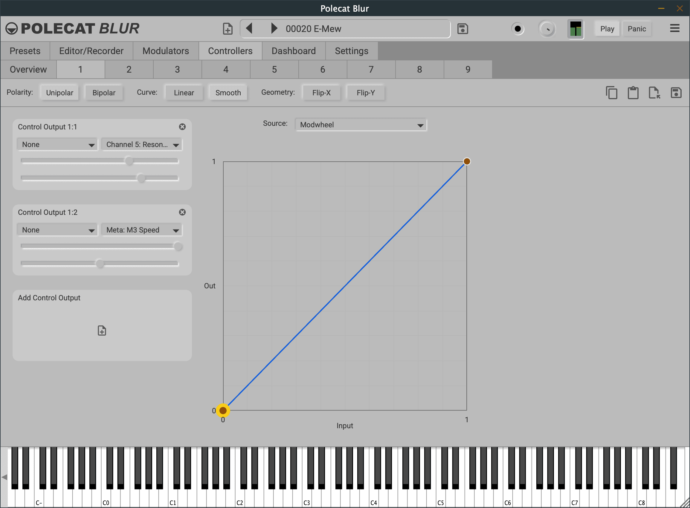 A control curve tab in Polecat Blur: the curve toolbar with Polarity, Curve and Geometry and buttons to copy, paste, load and save the curve, Source above the graph with a source chosen, the drawn curve, two Control Output panels and the Add Control Output panel, with the on-screen keyboard along the bottom.