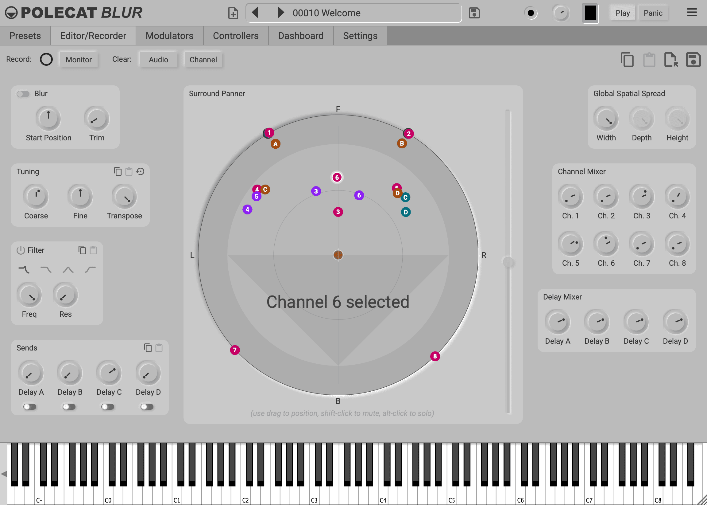 The Editor/Recorder tab in Polecat Blur, with channel 6 selected. Below the tabs, the channel toolbar shows Record, Monitor, Clear: Audio and Channel, then icons for Copy, Paste, Load / Import and Save. Channel 6's controls are on the left. A large circular Surround Panner shows numbered dots for eight channels and lettered dots for four delays, with the Height slider beside it. Global Spatial Spread and the mixers are on the right, and the on-screen keyboard runs along the bottom.