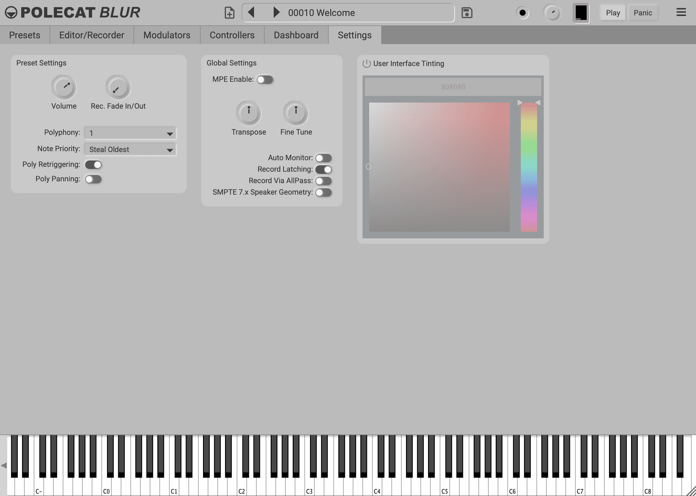 The Settings tab: the Preset Settings panel, whose last two rows are Poly Retriggering and Poly Panning, then the Global Settings and User Interface Tinting panels. The on-screen keyboard runs along the bottom.
